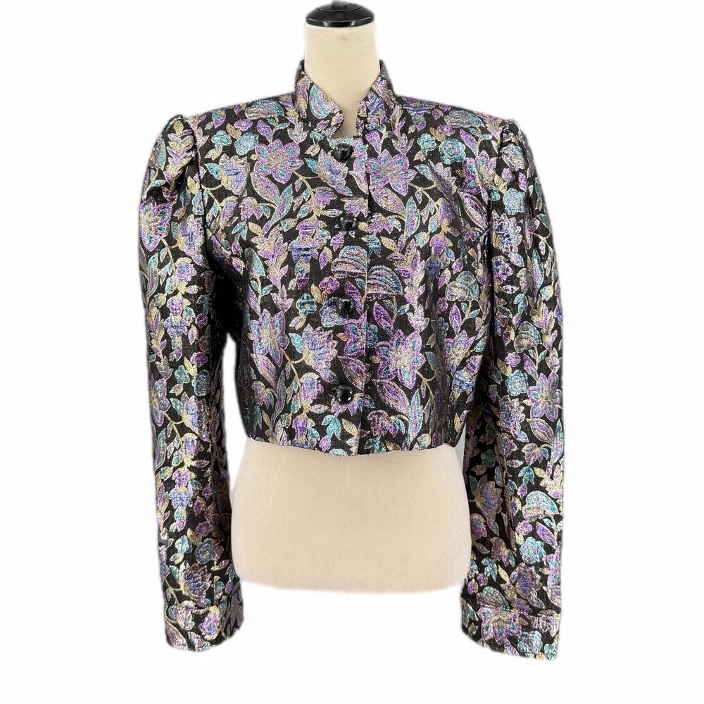 Victor Costa Vintage Black Cropped Metallic Floral Brocade Retro 80s 90s Jacket
